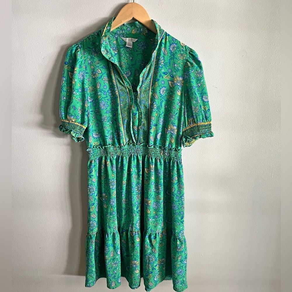 London Times Green Floral Puff Sleeve Smocked Dress Cottagecore Size 12